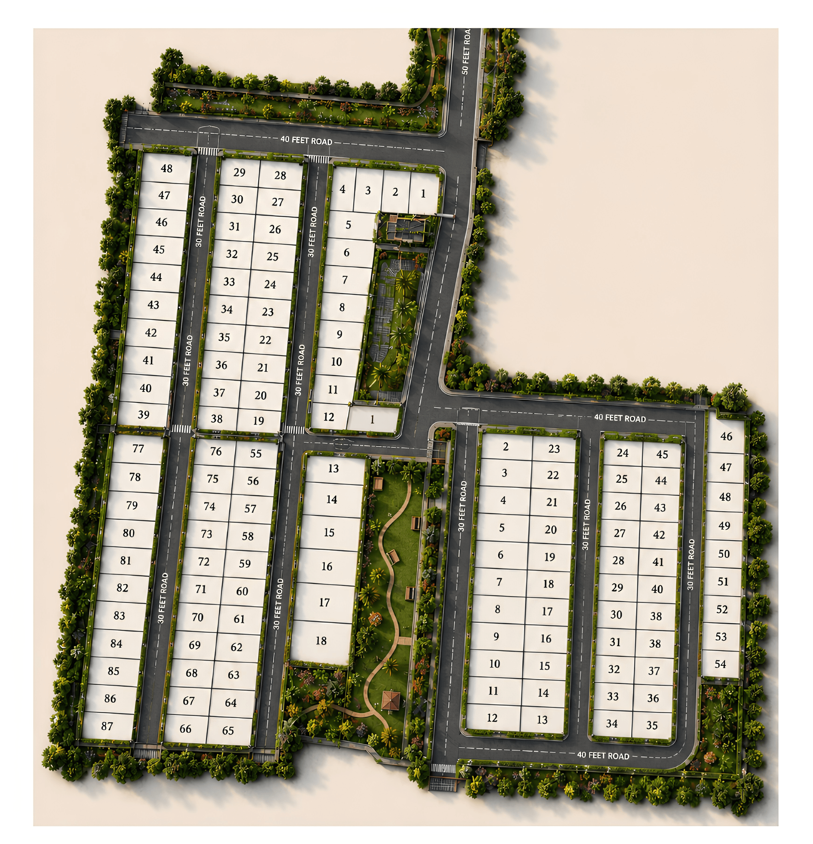 Manchanballe Phase 1 master plan with numbered plots, 30/40/50 foot roads, park and landscaped avenues